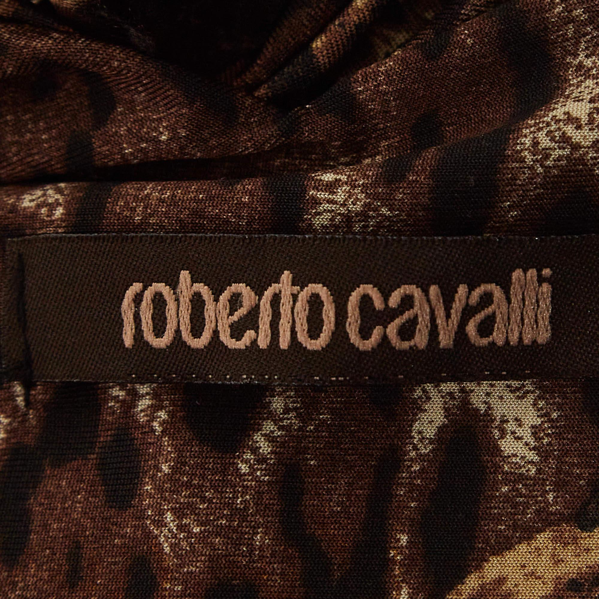 Roberto Cavalli Brown Animal Print Jersey Halter Neck Ruched Maxi Dress S 1