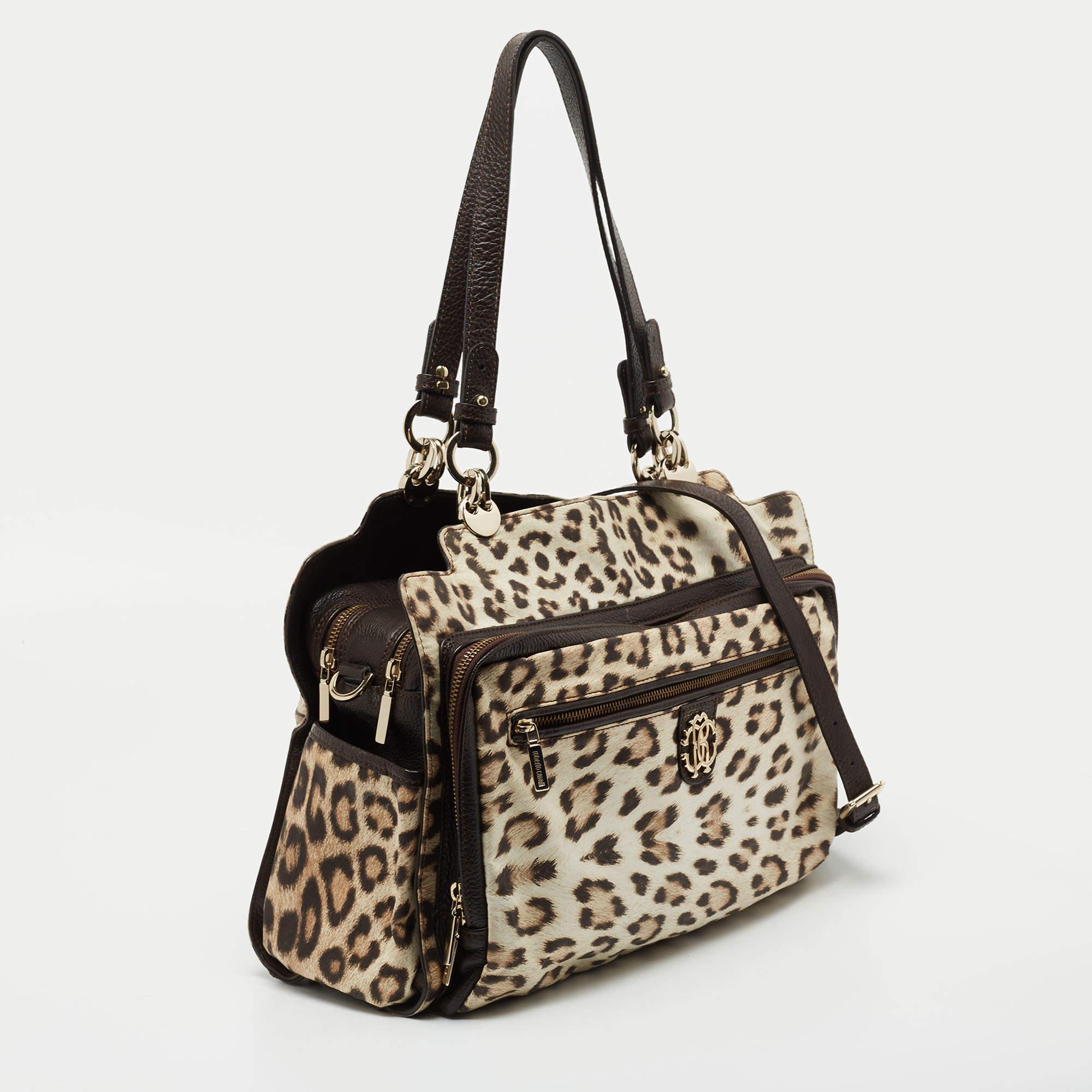 Roberto Cavalli Brown/Beige Leopard Satin and Leather Tote In Good Condition In Dubai, Al Qouz 2