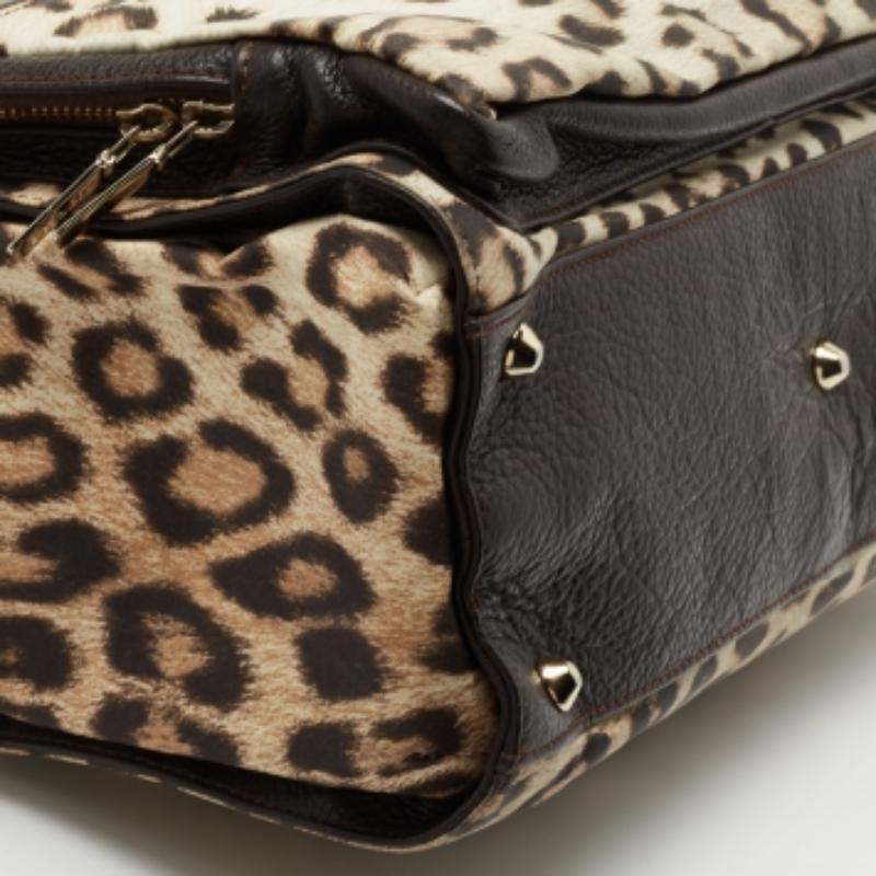 Black Roberto Cavalli Brown/Beige Leopard Satin and Leather Tote For Sale