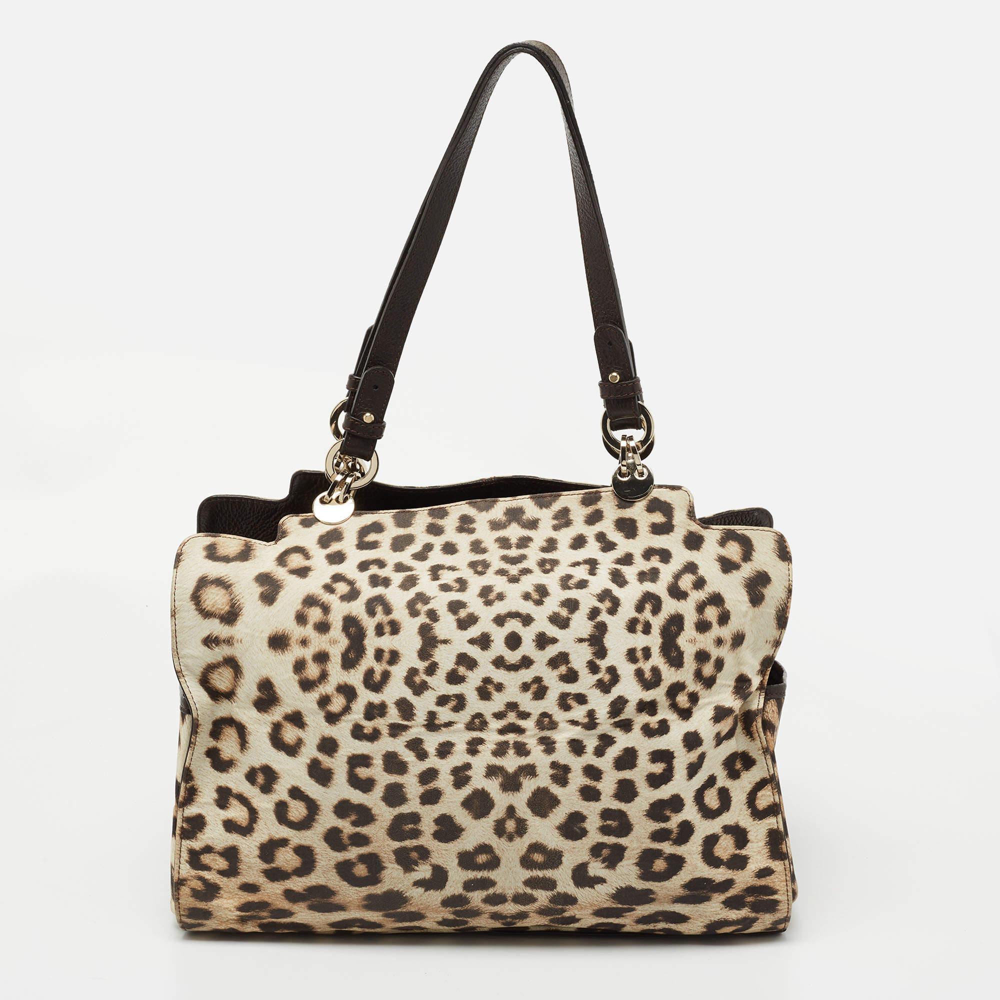 Women's Roberto Cavalli Brown/Beige Leopard Satin and Leather Tote