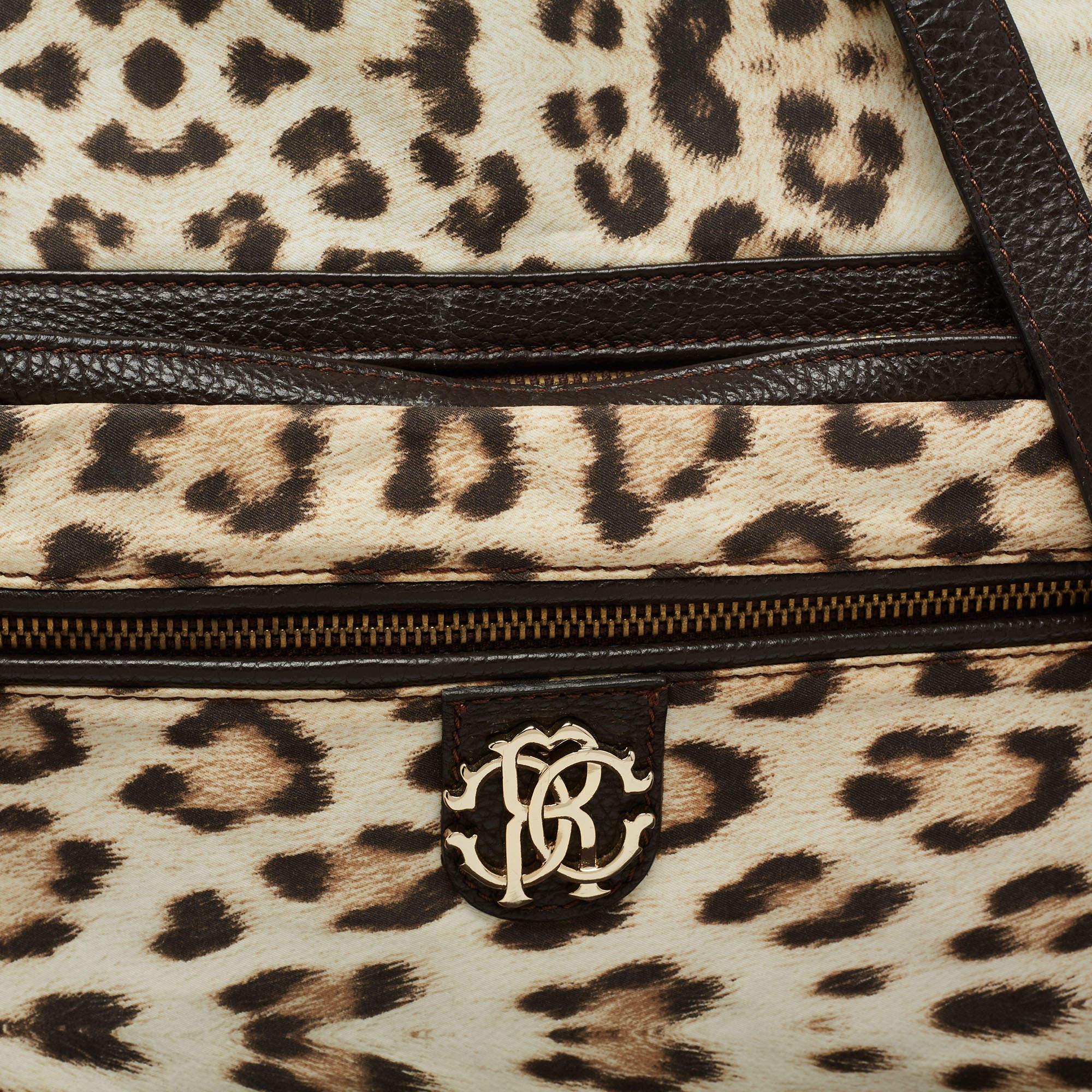 Roberto Cavalli Brown/Beige Leopard Satin and Leather Tote 1