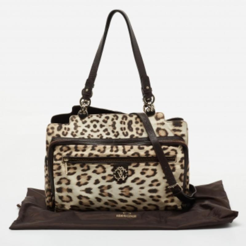 Roberto Cavalli Brown/Beige Leopard Satin and Leather Tote For Sale 2