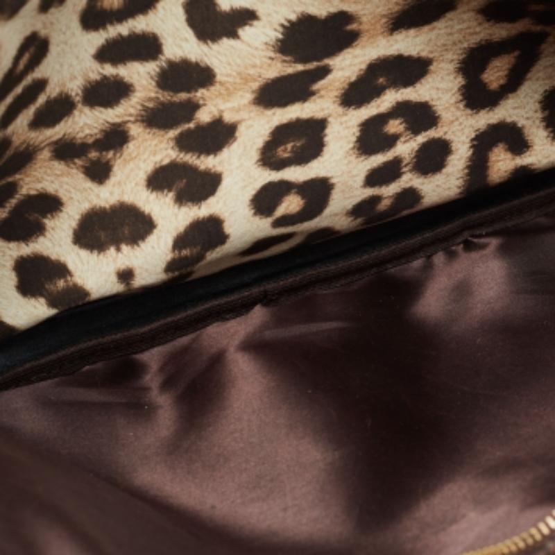Roberto Cavalli Brown/Beige Leopard Satin and Leather Tote For Sale 4