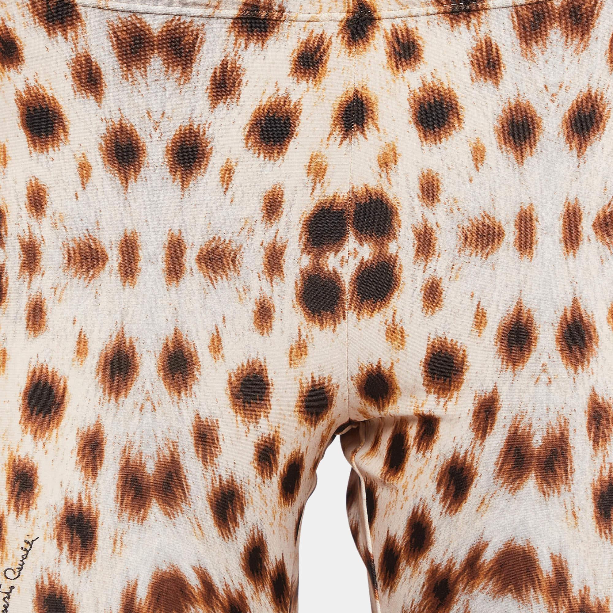 Roberto Cavalli Leggings de punto marrón con estampado de guepardo M Beige