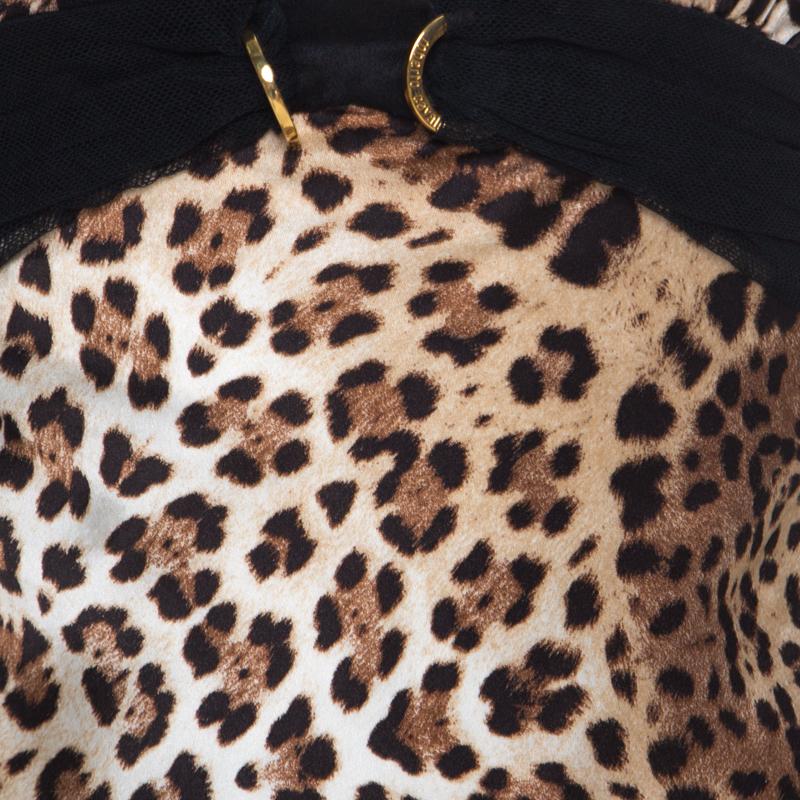 Black Roberto Cavalli Brown Cheetah Print Silk Tulle Trim Halter Top S