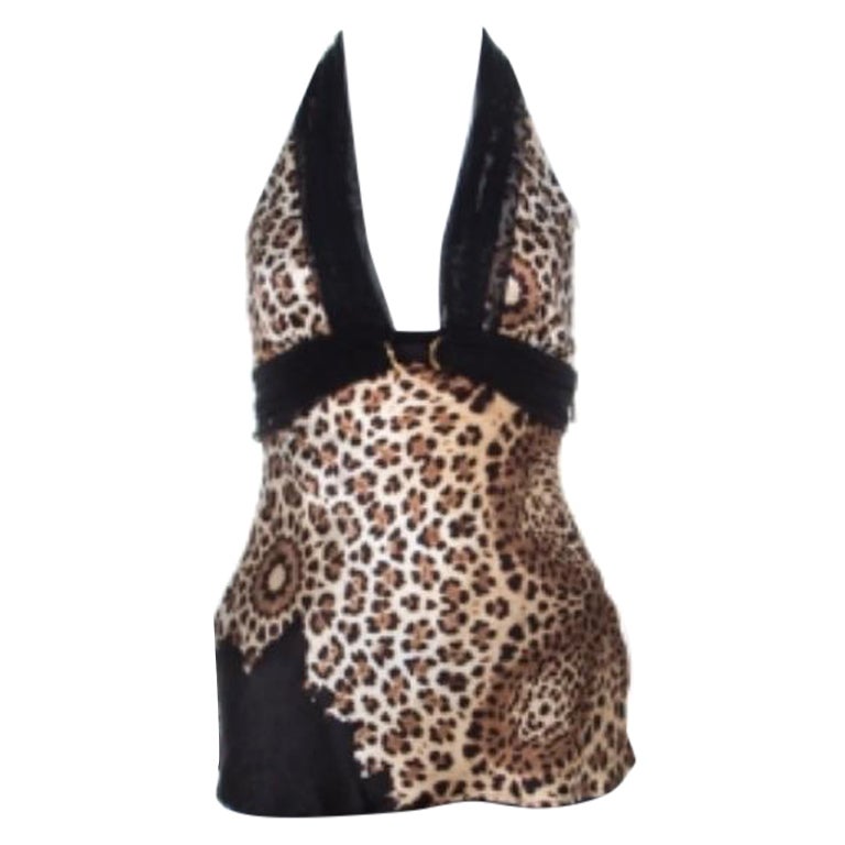 Roberto Cavalli Brown Cheetah Print Silk Tulle Trim Halter Top S