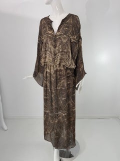 Roberto Cavalli Brown & Cream Silk Print Kimono Sleeve Hem Vent Maxi Dress 1980s