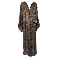 Roberto Cavalli – Maxikleid aus Seide mit Print, braun und cremefarben, Kimonoärmel und Schlitz am Saum, 1980er Jahre