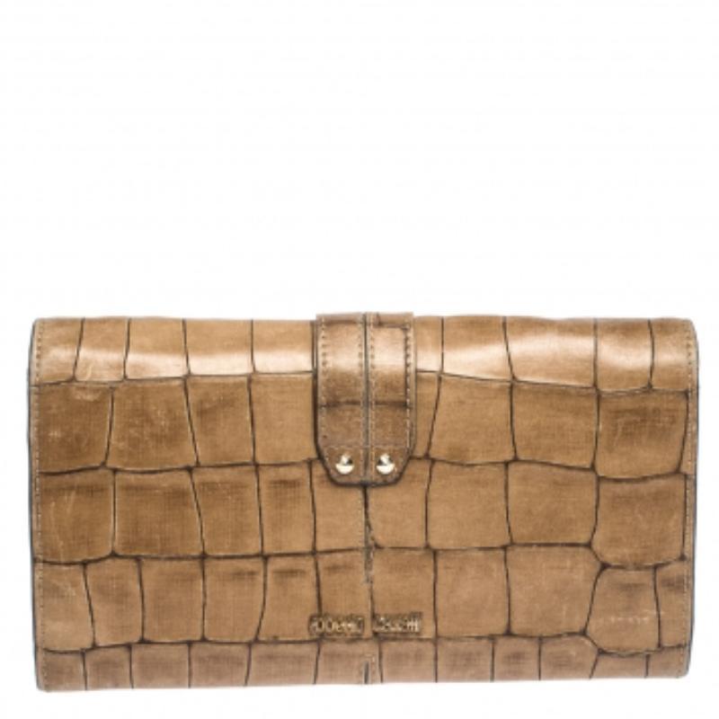 Roberto Cavalli Braunes Leder mit Krokodilprägung und doppelter Schlangenklappe Brieftasche Damen im Angebot