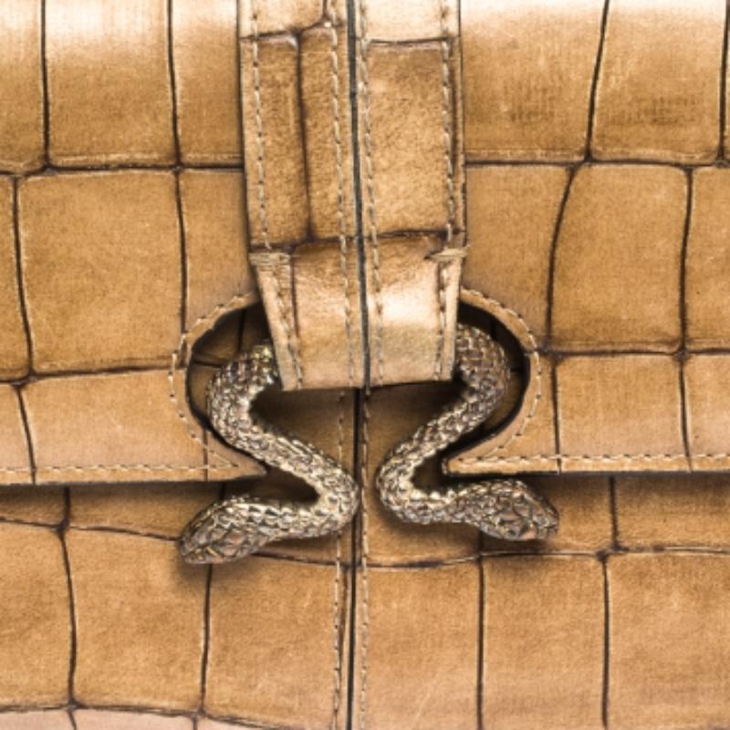 Roberto Cavalli Braunes Leder mit Krokodilprägung und doppelter Schlangenklappe Brieftasche im Angebot 1