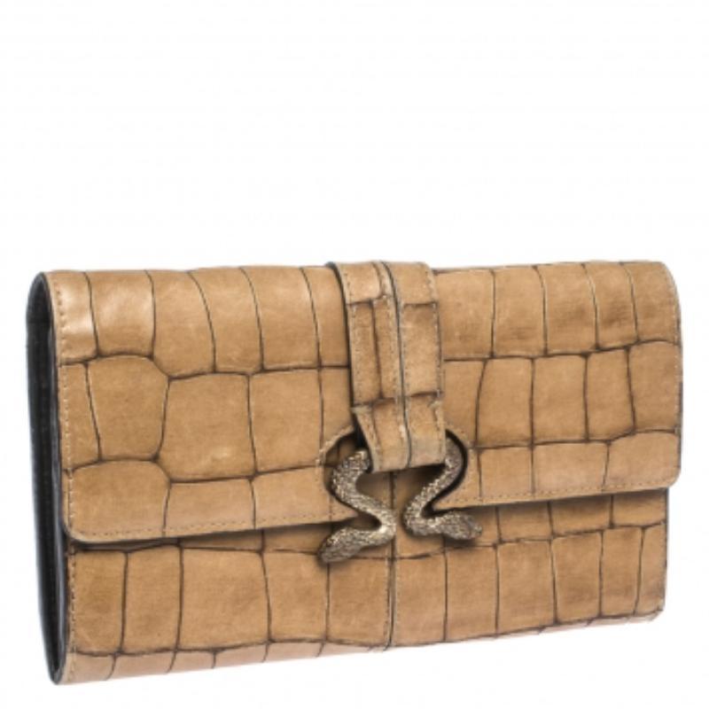 Roberto Cavalli Braunes Leder mit Krokodilprägung und doppelter Schlangenklappe Brieftasche im Angebot 2