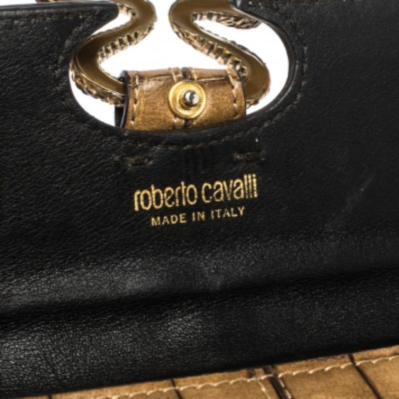 Roberto Cavalli Braunes Leder mit Krokodilprägung und doppelter Schlangenklappe Brieftasche im Angebot 4