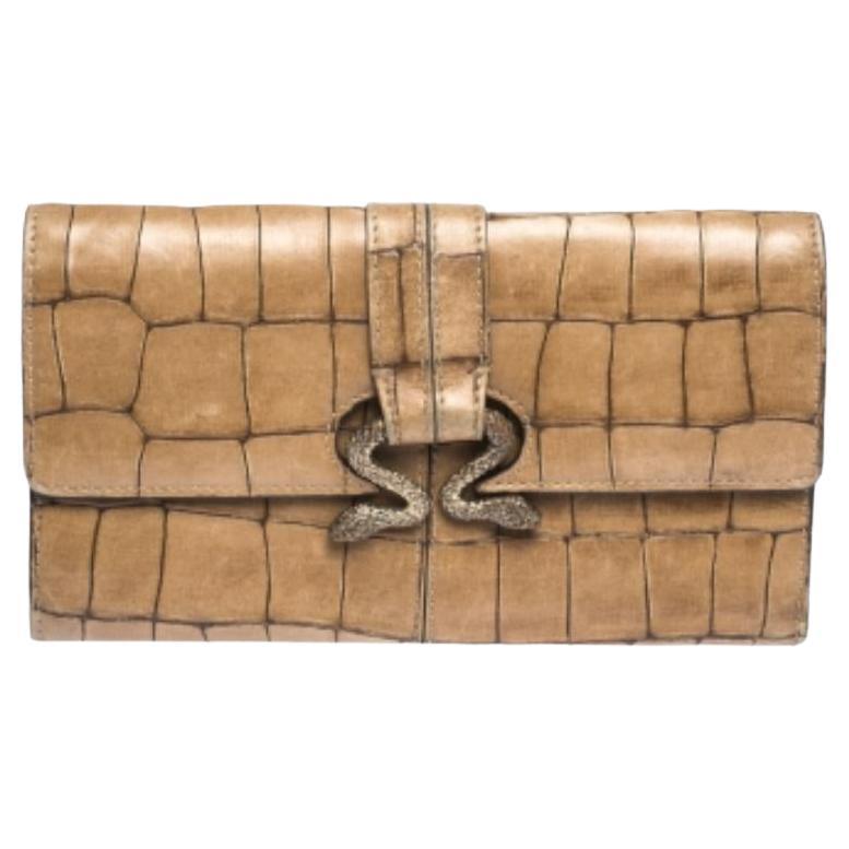 Roberto Cavalli Portafoglio in pelle marrone con doppia patta di serpente in rilievo e coccodrillo