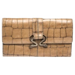 Roberto Cavalli Brown Crocodile Embossed Leather Double Snake Flap Wallet