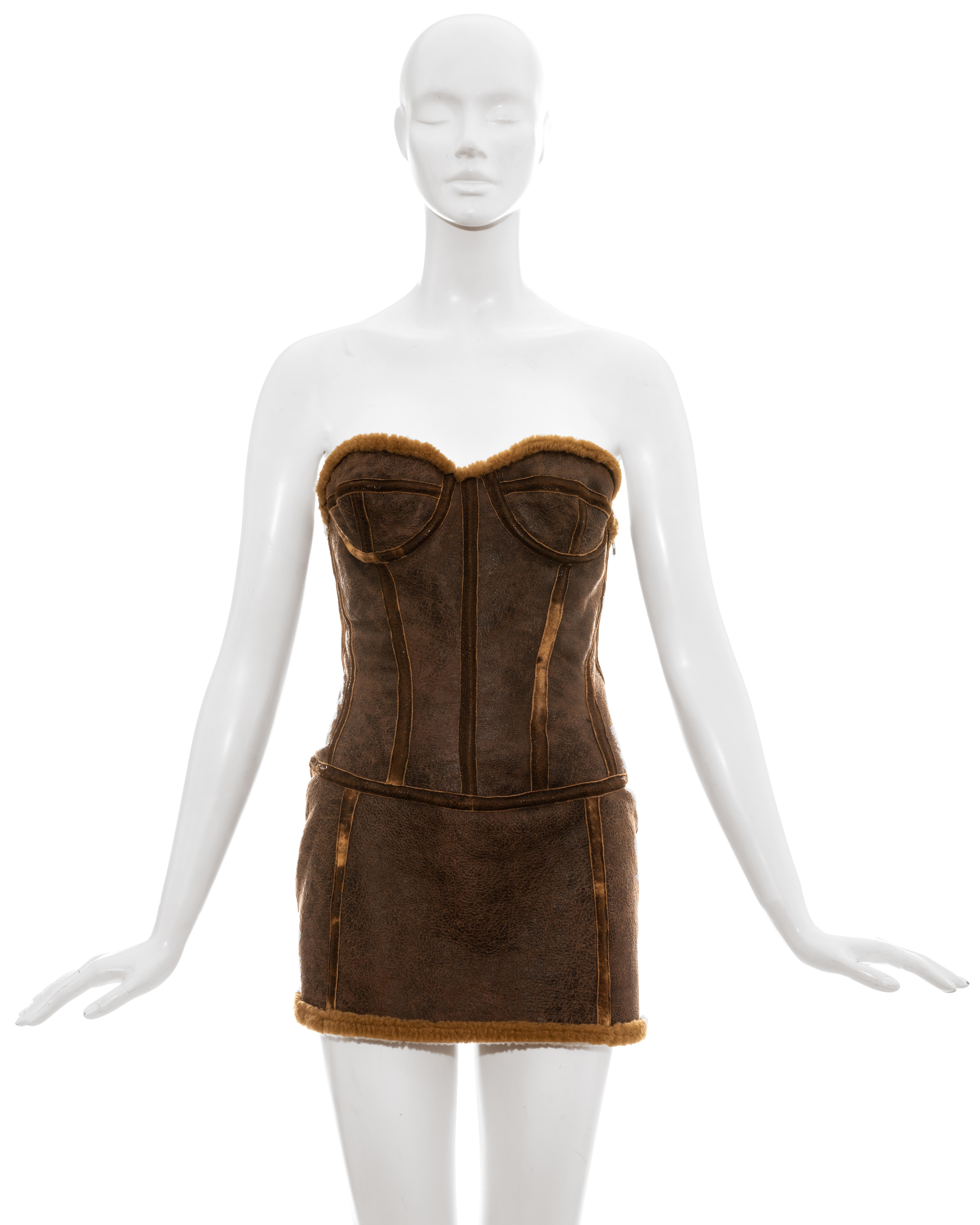 Roberto Cavalli brown distressed leather shearling corseted mini dress.

Fall-Winter 2003