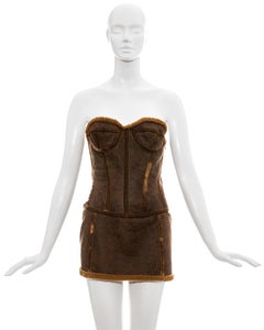 Roberto Cavalli brown distressed leather shearling mini dress, fw 2003