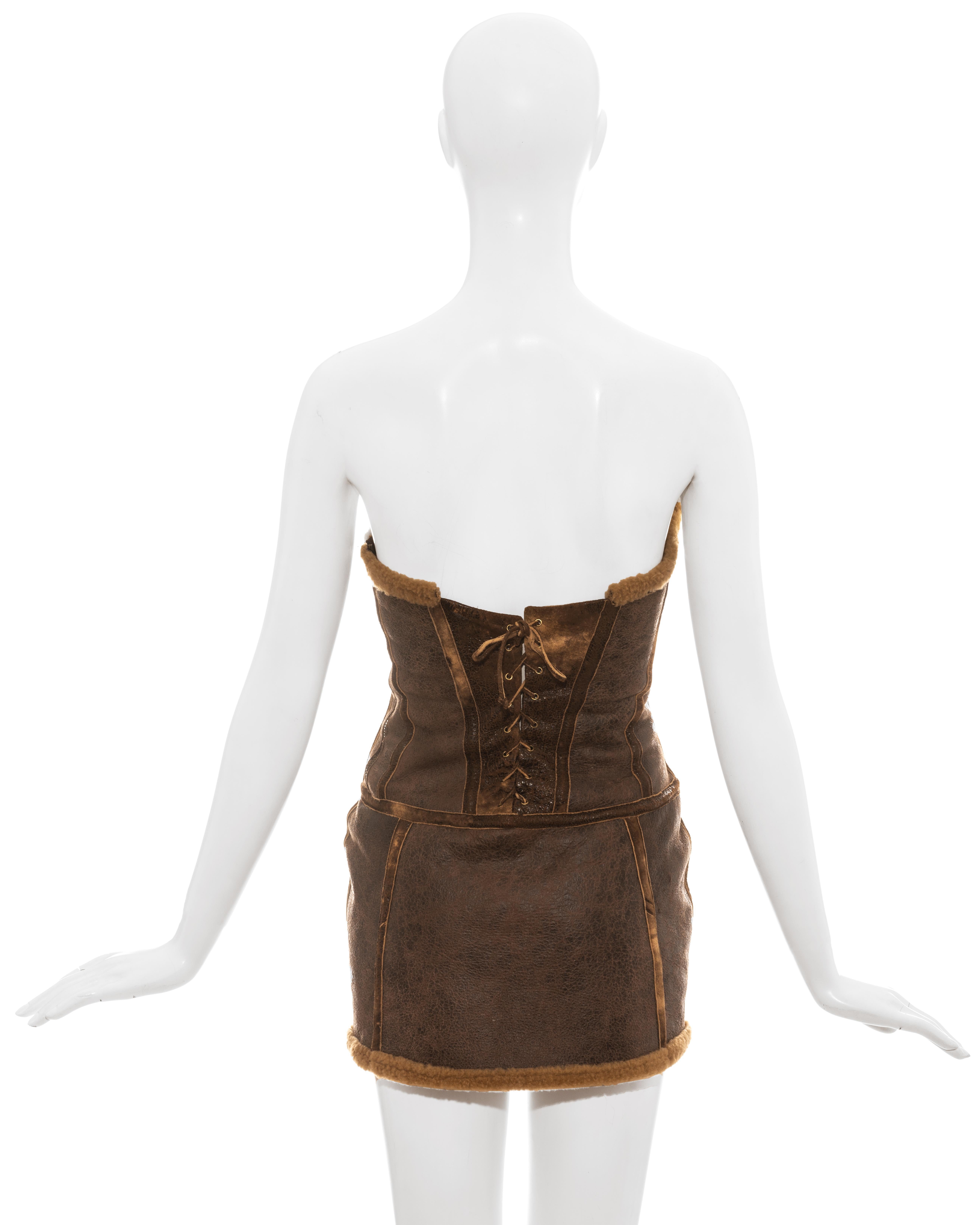 Black Roberto Cavalli brown distressed leather shearling mini dress, fw 2003