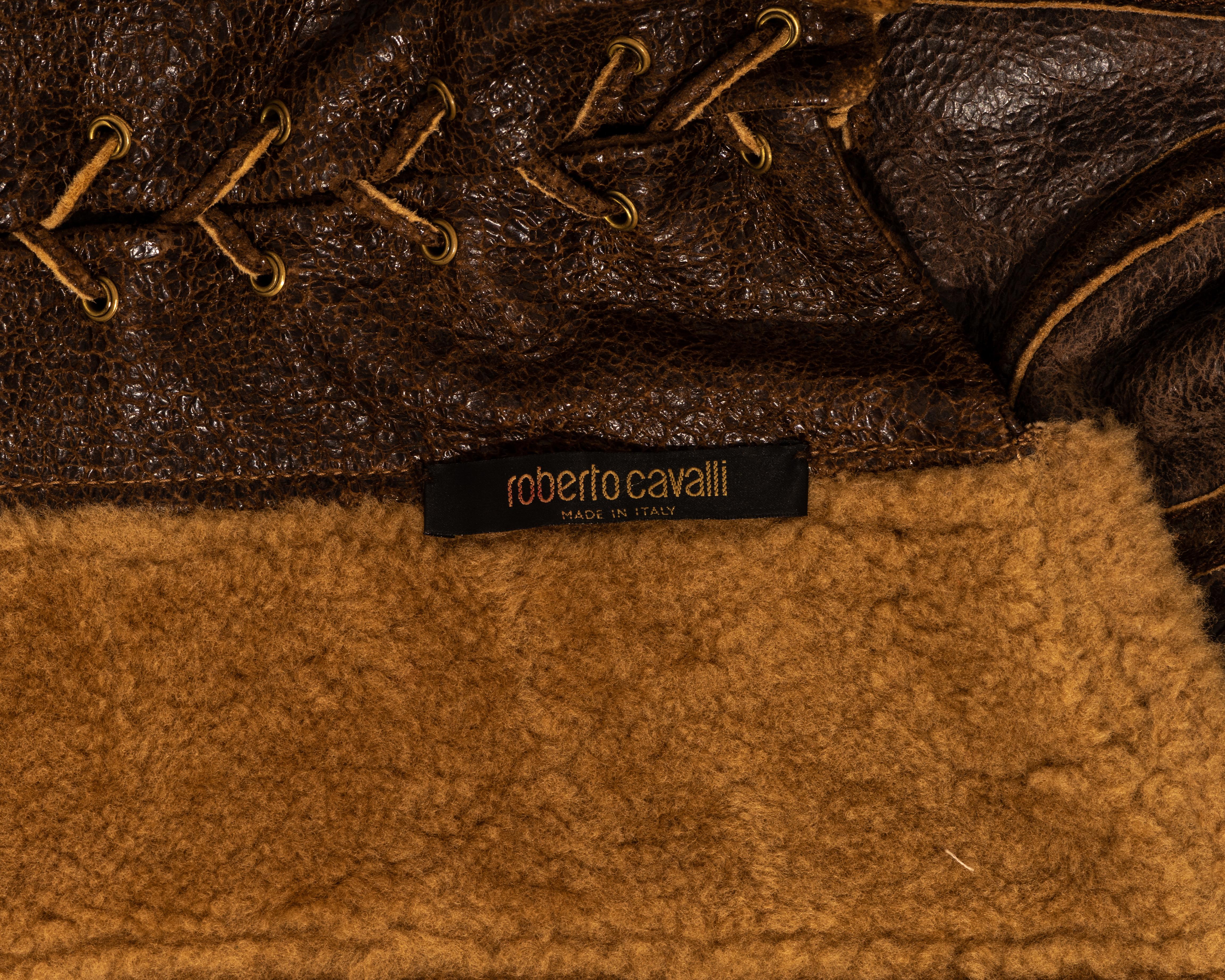 Roberto Cavalli brown distressed leather shearling mini dress, fw 2003 In Good Condition In London, GB