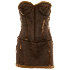 Roberto Cavalli brown distressed leather shearling mini dress, fw 2003