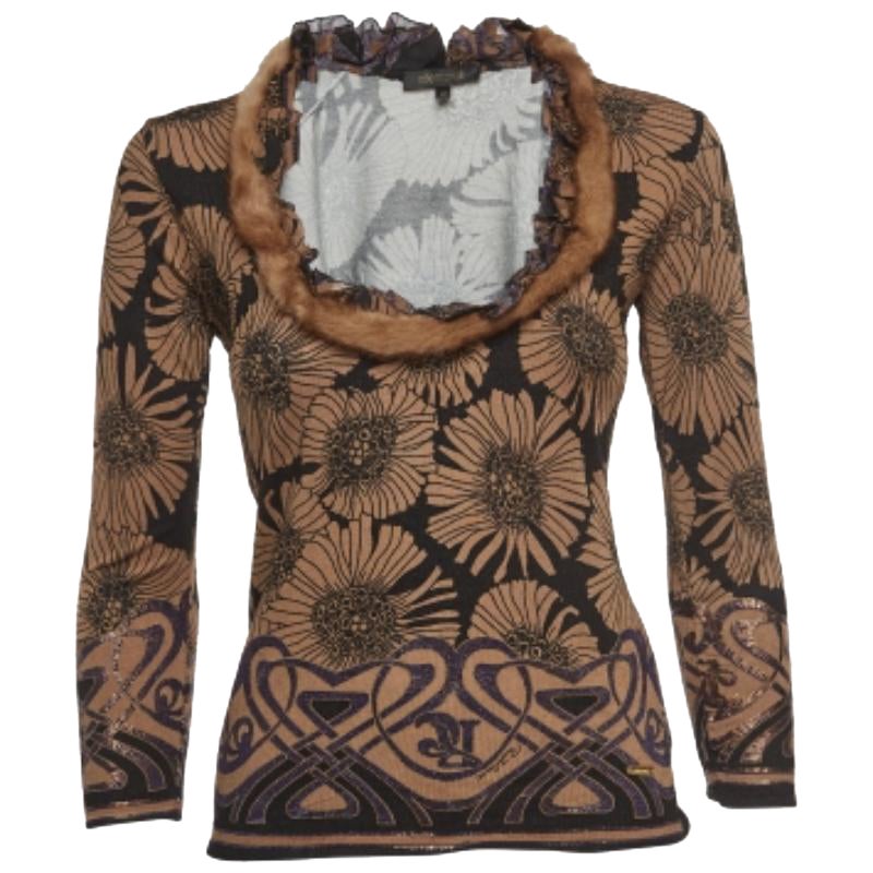 Roberto Cavalli Brown Floral Print Tricit Mink Fur Trimmed Top M en vente