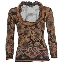 Roberto Cavalli Brown Floral Print Tricit Mink Fur Trimmed Top M