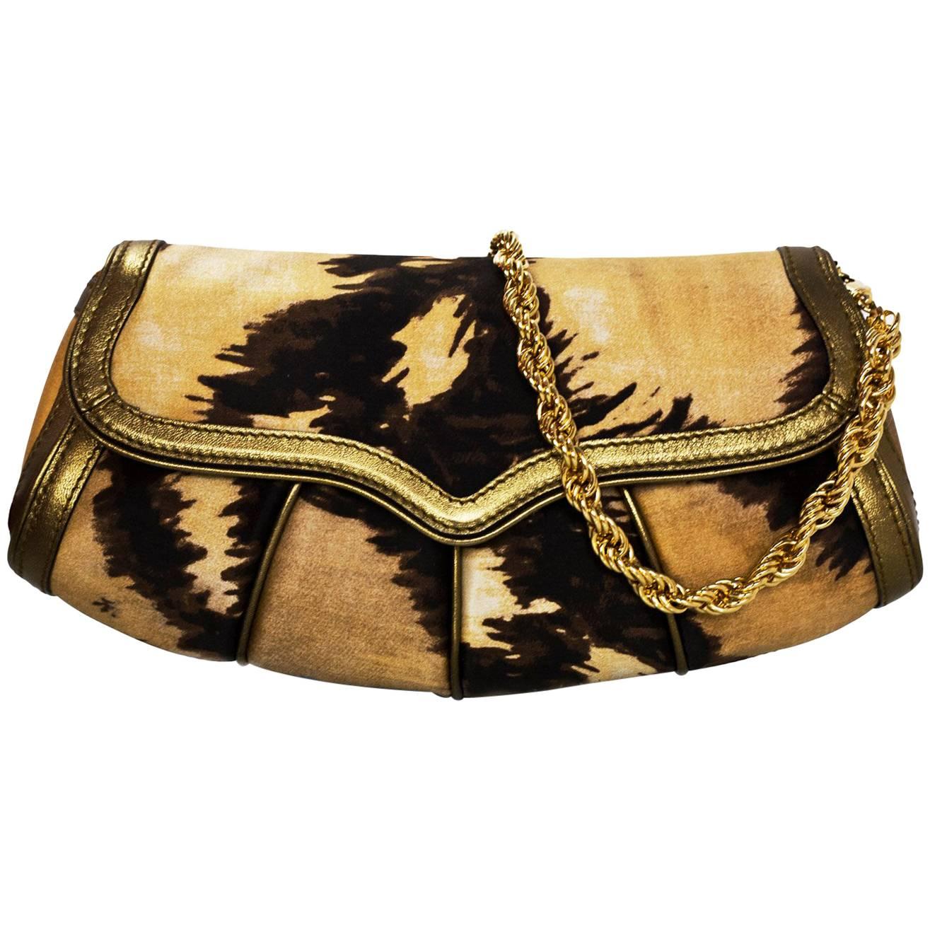 Roberto Cavalli Brown 
Gold Satin Evening Clutch/Shoulder Bag