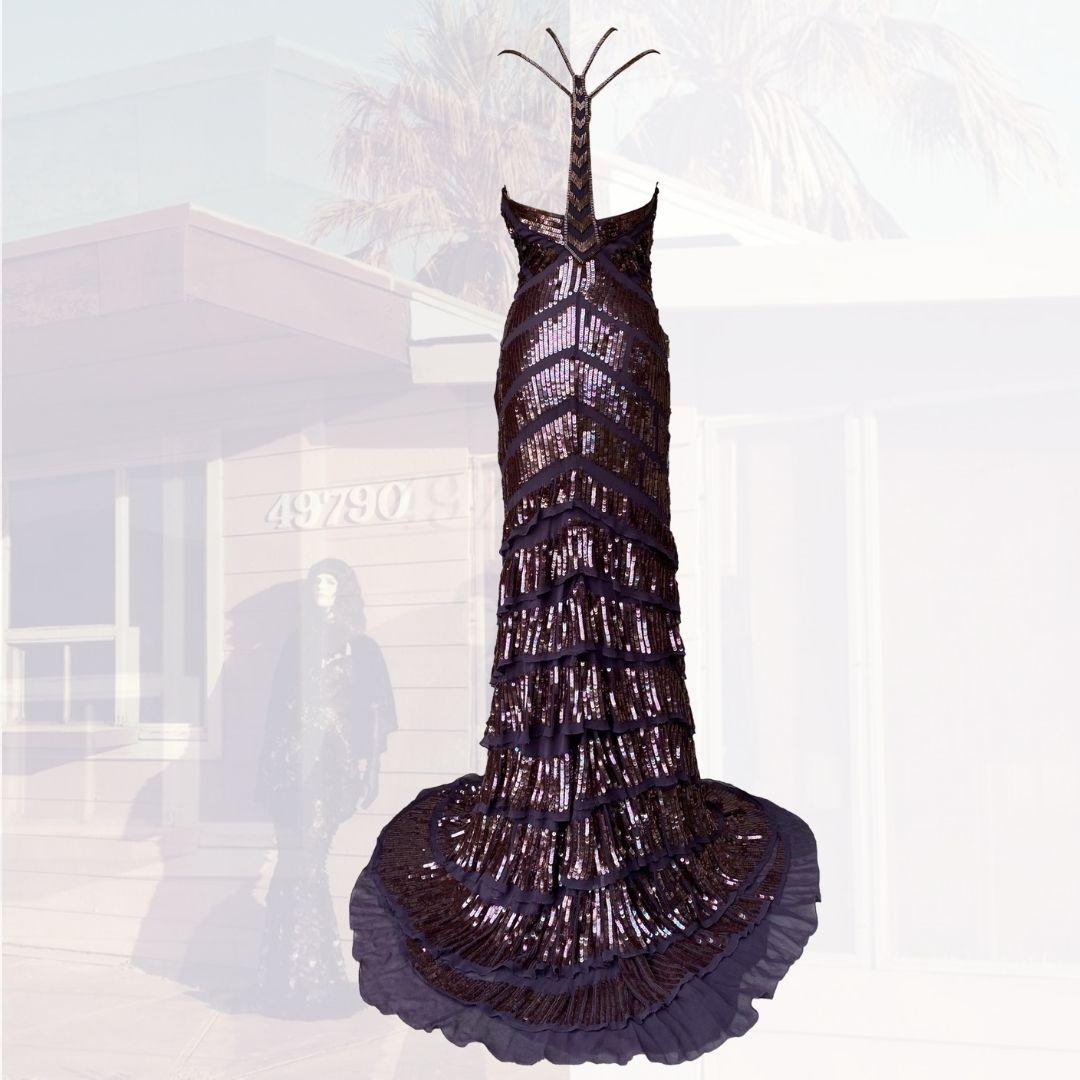 Black Roberto Cavalli Brown Iridescent Sequin Evening Gown F/W 2012 Size 40IT
