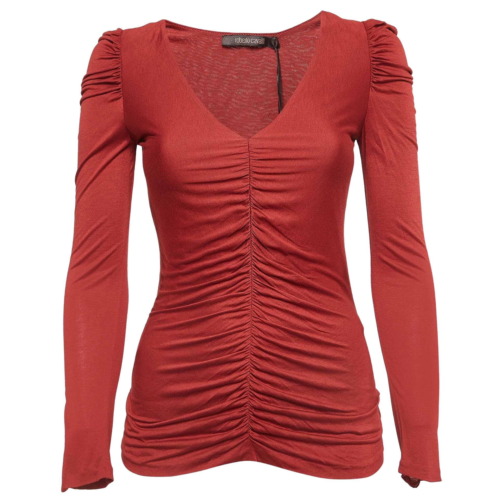 Roberto Cavalli Brown - Top à manches longues froncées en jersey S