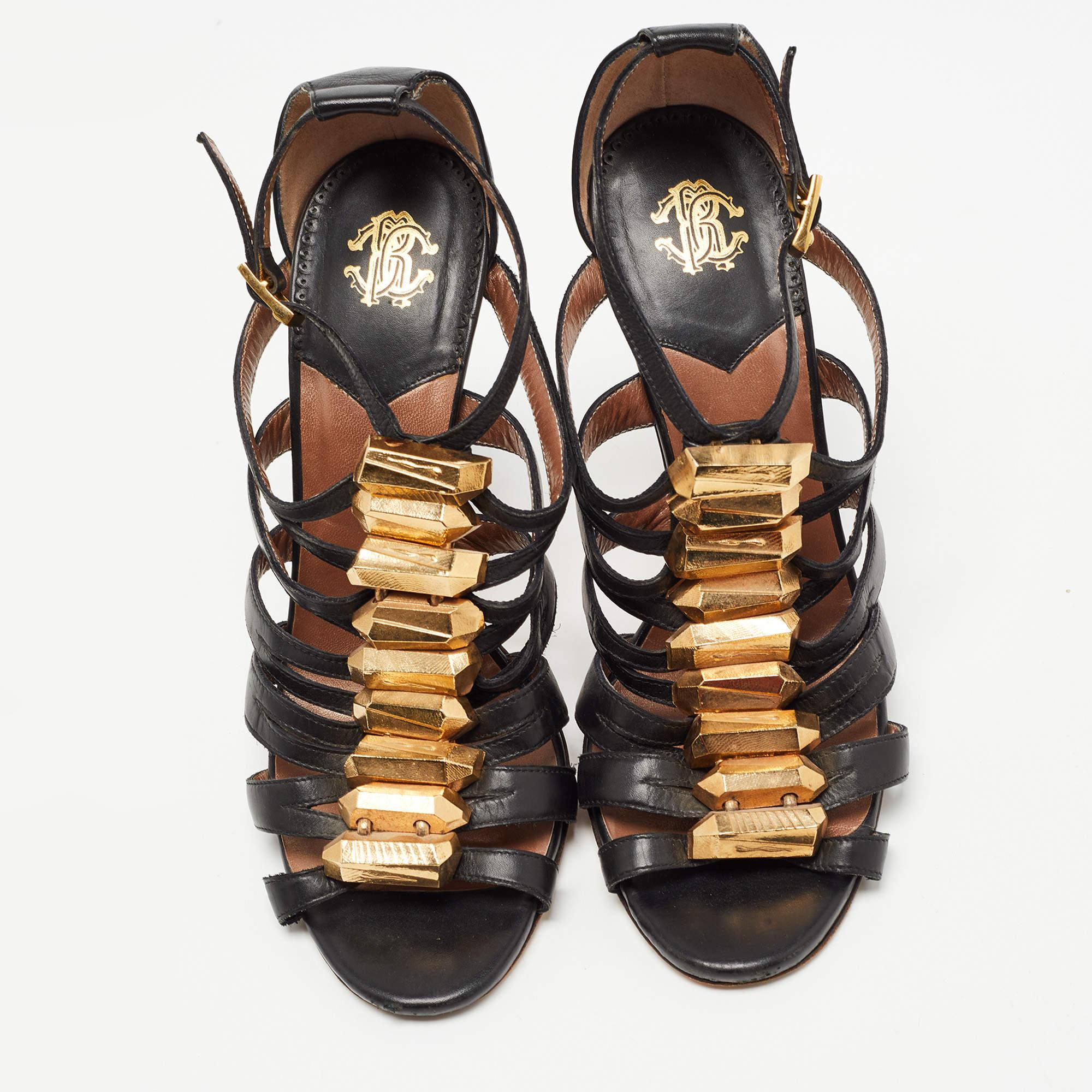Black Roberto Cavalli Brown Leather Crystal Embellished Ankle Strap Sandals Size 36 For Sale