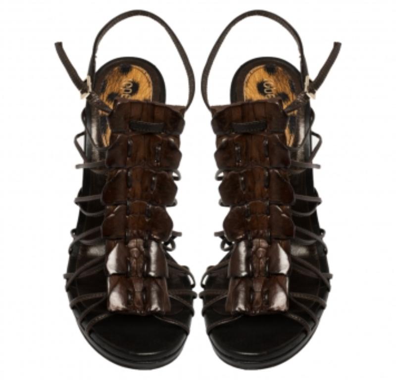 Black Roberto Cavalli Brown Leather Strappy Peep Toe Sandals Size 37.5 For Sale