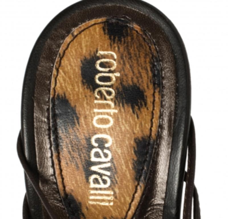 Women's Roberto Cavalli Brown Leather Strappy Peep Toe Sandals Size 37.5 For Sale