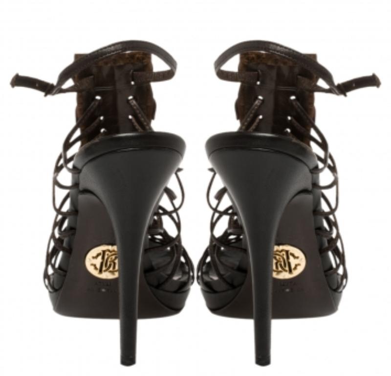 Roberto Cavalli Brown Leather Strappy Peep Toe Sandals Size 37.5 For Sale 1