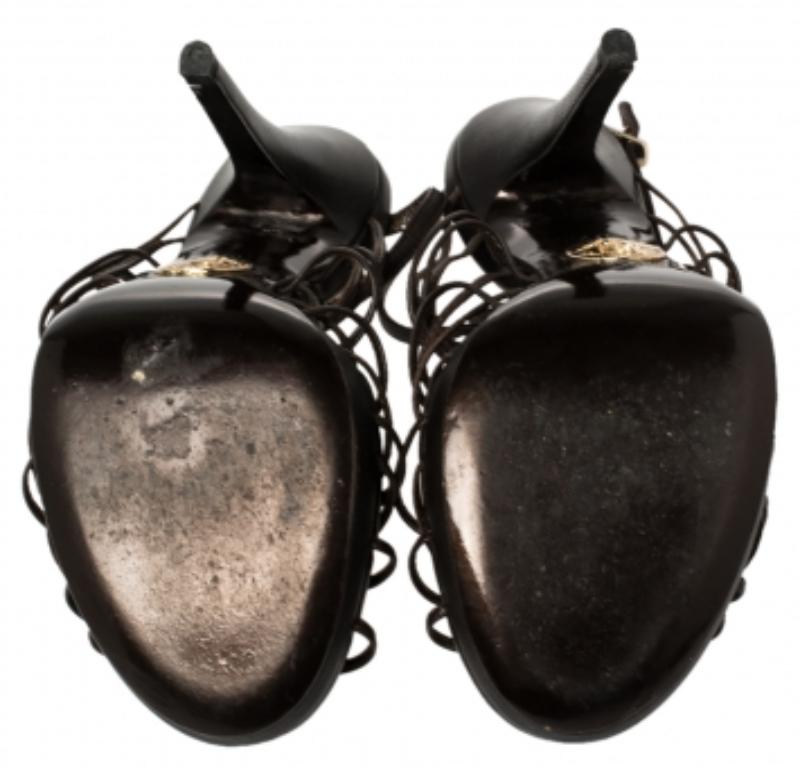 Roberto Cavalli Brown Leather Strappy Peep Toe Sandals Size 37.5 For Sale 2