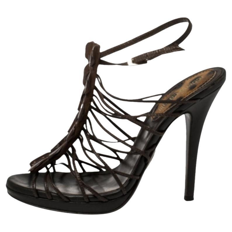 Roberto Cavalli Brown Leather Strappy Peep Toe Sandals Size 37.5 For Sale