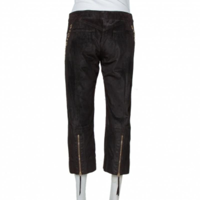 Roberto Cavalli Brown Leather Vintage Cropped Trousers M For Sale 3