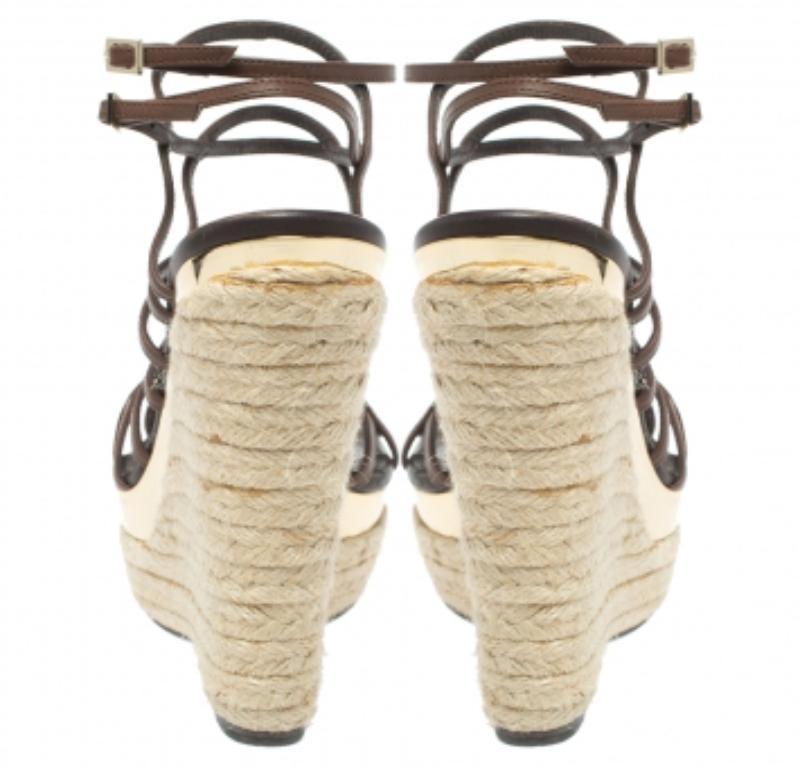 Women's Roberto Cavalli Brown Leather Wedge Platform Espadrille Strappy Sandals Size 35 For Sale