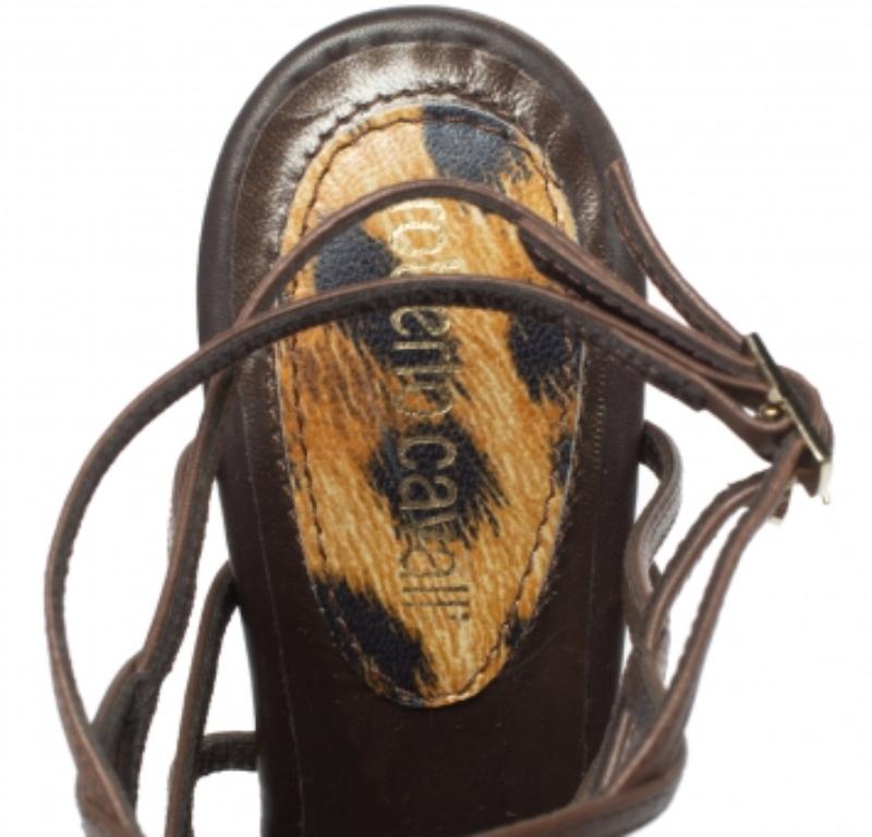 Roberto Cavalli Brown Leather Wedge Platform Espadrille Strappy Sandals Size 35 For Sale 2
