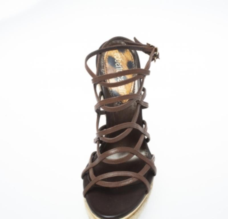 Roberto Cavalli Brown Leather Wedge Platform Espadrille Strappy Sandals Size 35 For Sale 3