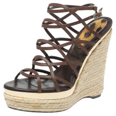 Roberto Cavalli Brown Leather Wedge Platform Espadrille Strappy Sandals Size 35