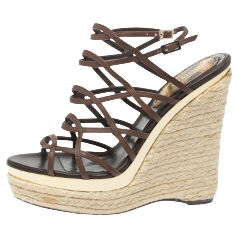 Roberto Cavalli Brown Leather Wedge Platform Espadrille Strappy Sandals Size 35 For Sale