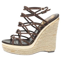 Roberto Cavalli Brown Leather Wedge Platform Espadrille Strappy Sandals Size 35