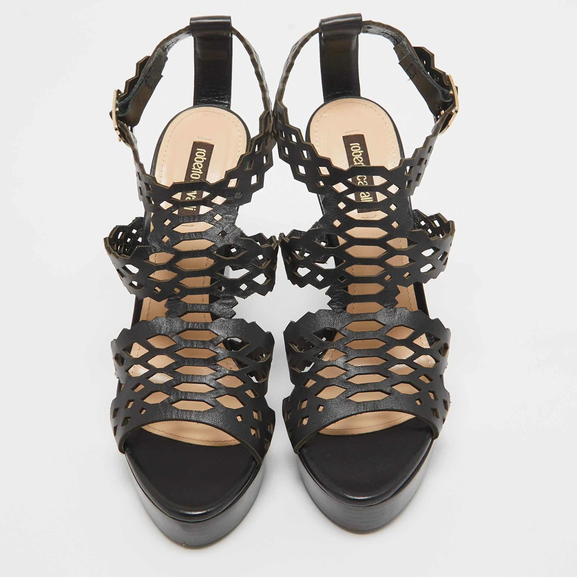 Black Roberto Cavalli Brown Leather Wedge Sandals Size 38.5 For Sale
