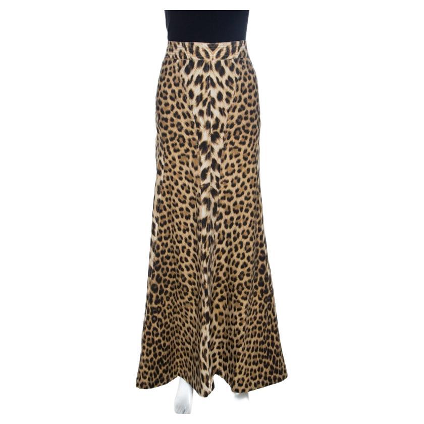 Roberto Cavalli Brown Leopard Print Cotton Maxi Skirt M