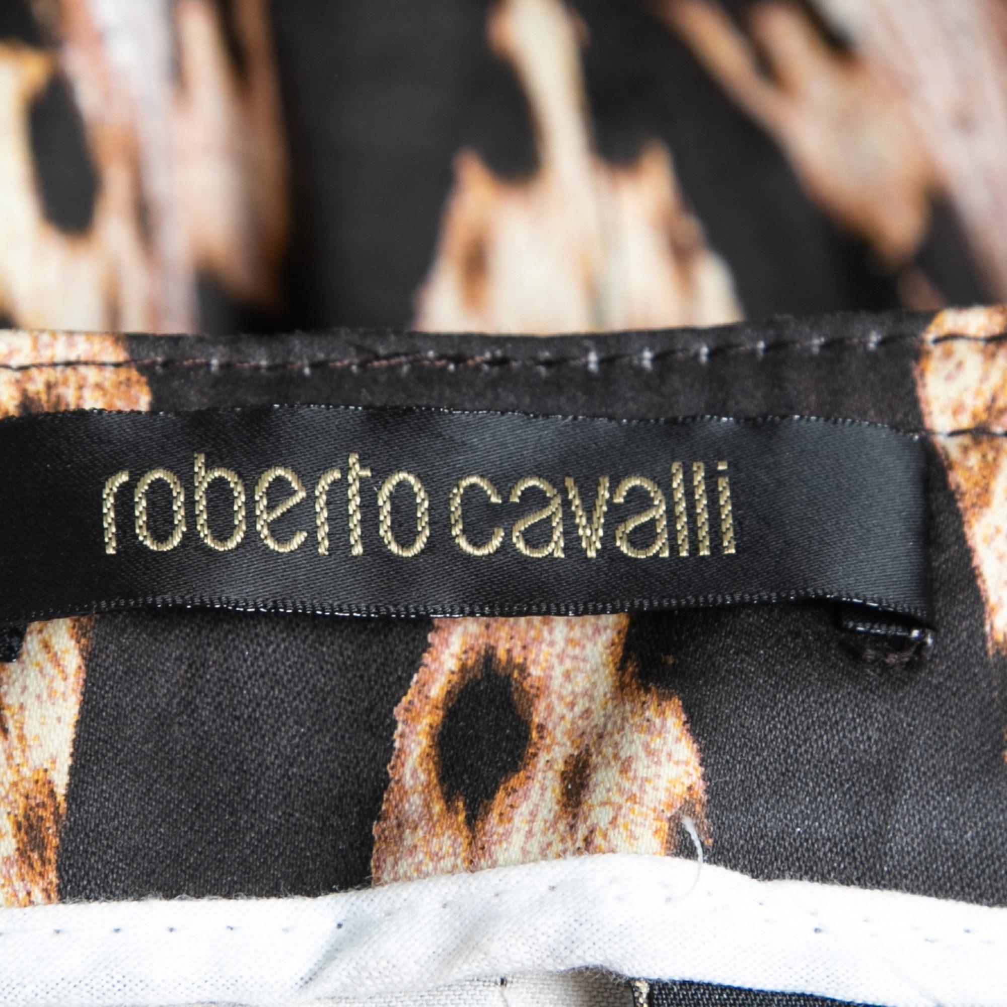 Roberto Cavalli Brown Leopard Printed Cotton Belted Maxi Skirt S In Good Condition In Dubai, Al Qouz 2