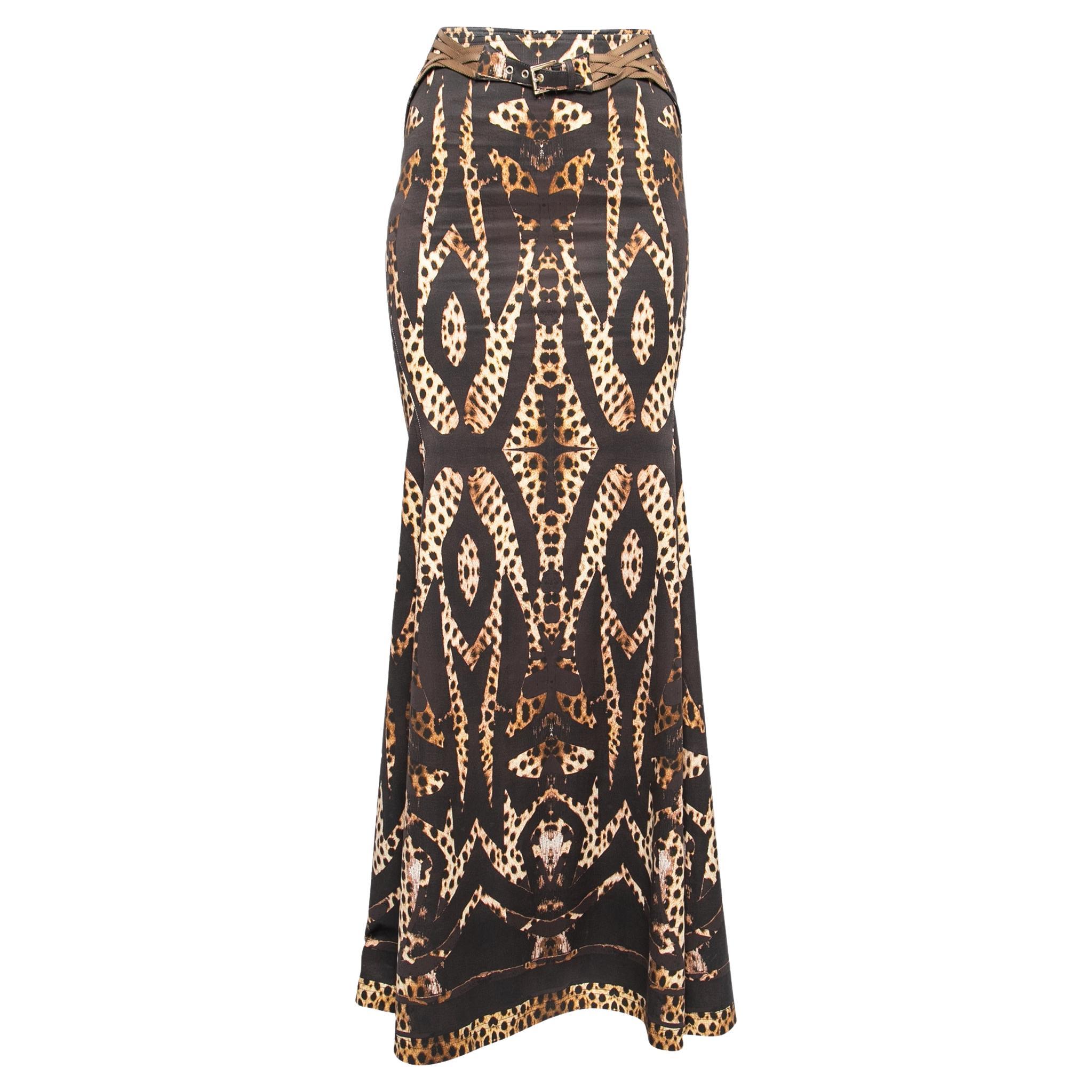Roberto Cavalli Brown Leopard Printed Cotton Belted Maxi Skirt S