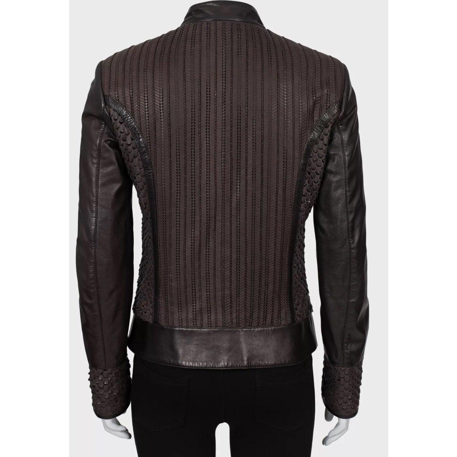 Nero Roberto Cavalli - Giacca in pelle marrone traforata - IT40/S in vendita