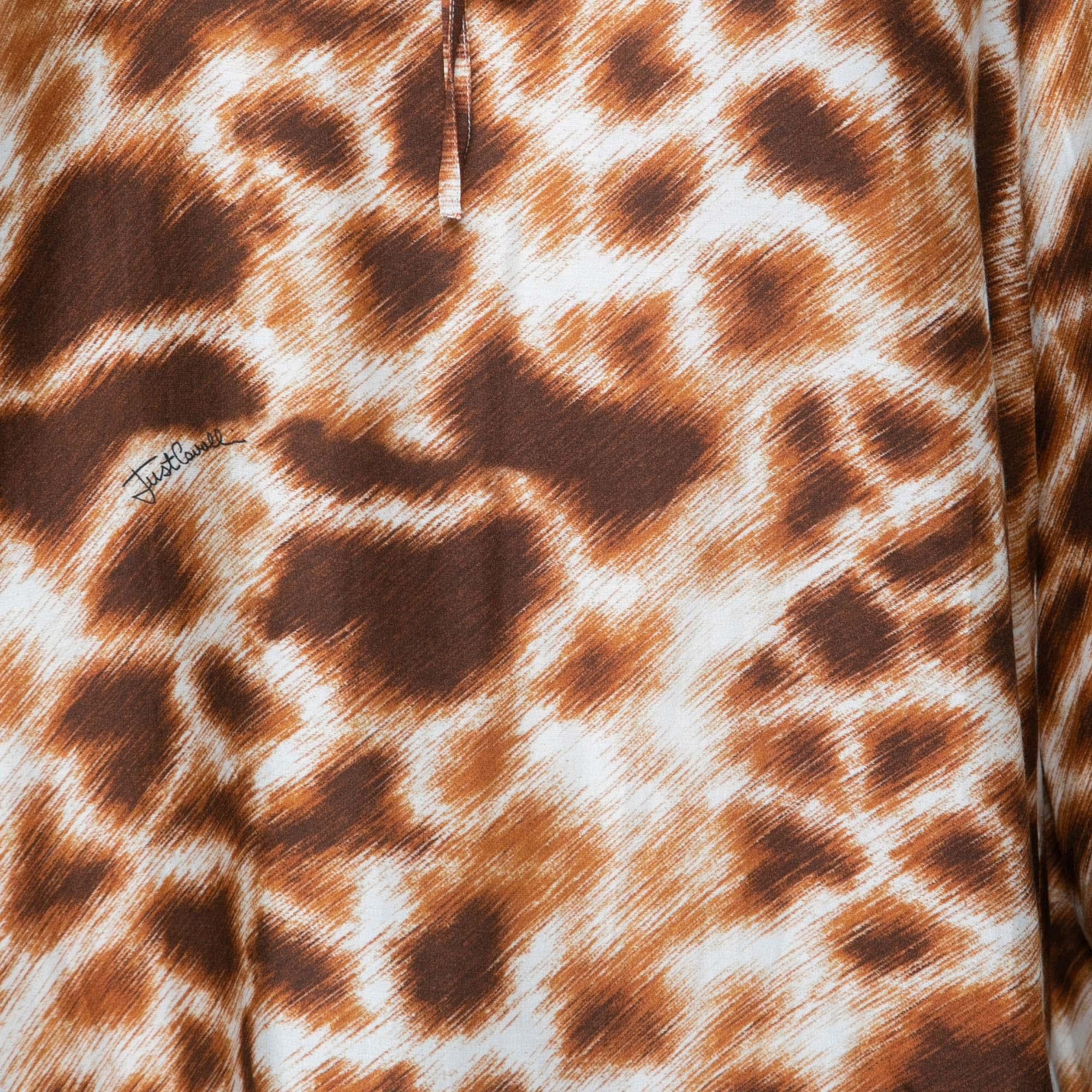 Roberto Cavalli Brown Printed Crepe De Chine Tie Detail Blouse S In Good Condition In Dubai, Al Qouz 2