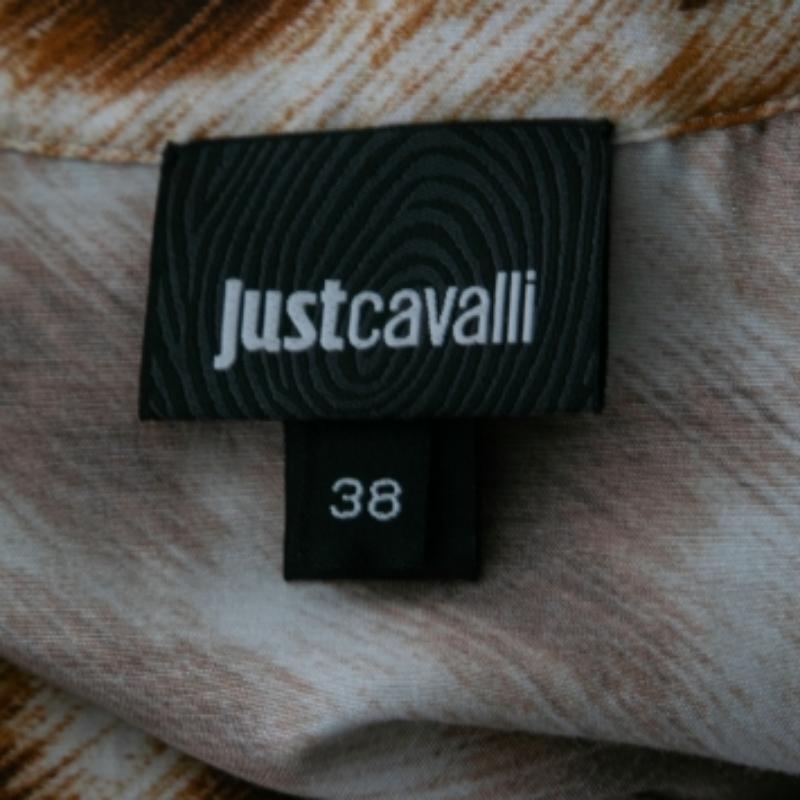 Donna Roberto Cavalli - Camicetta in crepe de chine stampata marrone con dettaglio cravatta S in vendita