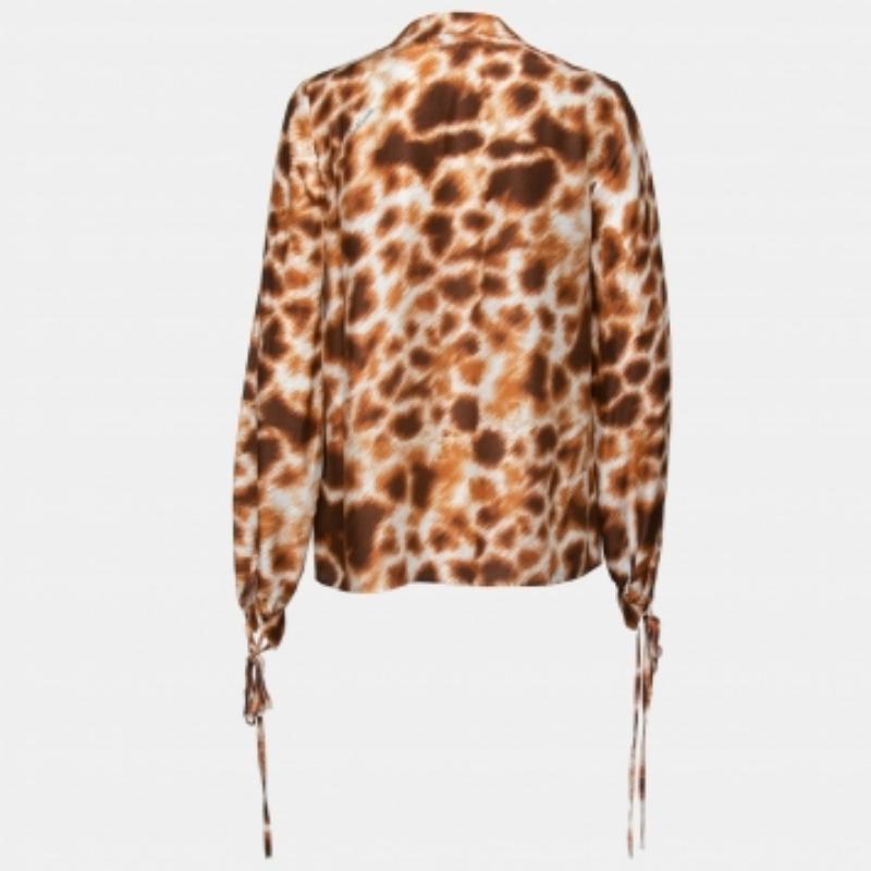 Roberto Cavalli - Camicetta in crepe de chine stampata marrone con dettaglio cravatta S in vendita 1