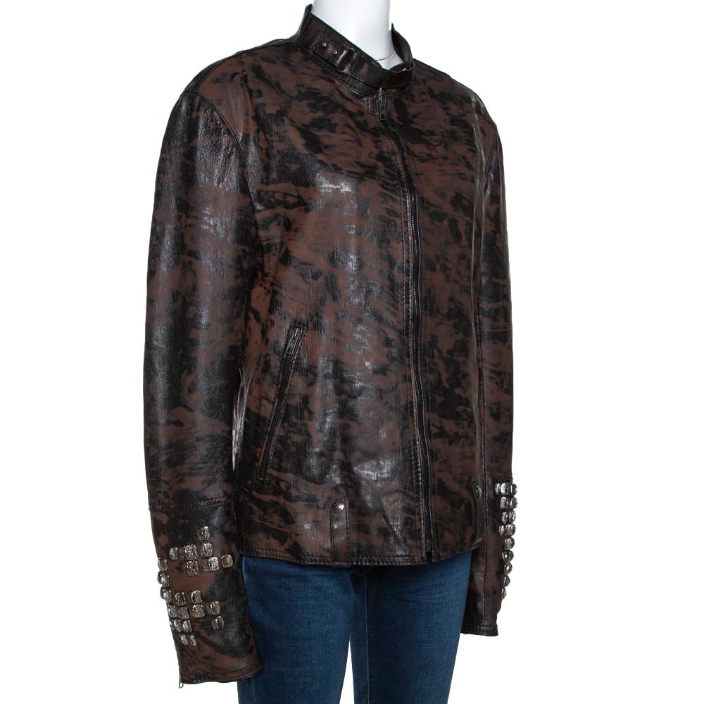 Roberto Cavalli Brown Printed Effect Calf Leather Zip Front Jacket XL ...